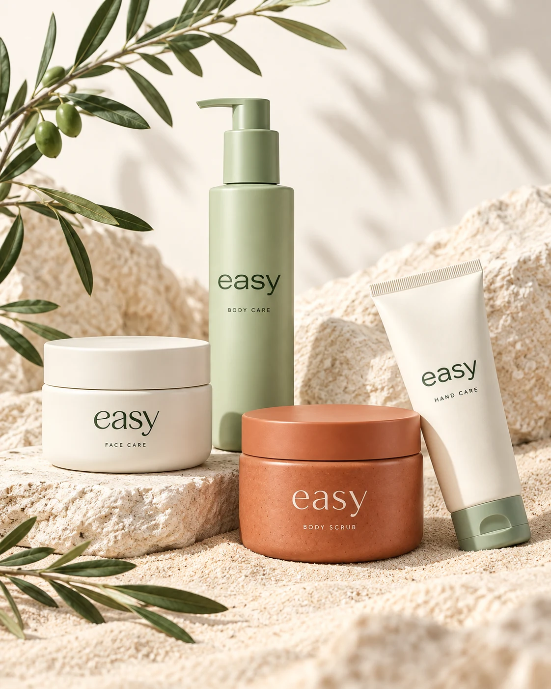 Коллекция Easy на светлом камне и песке с оливковой веточкой