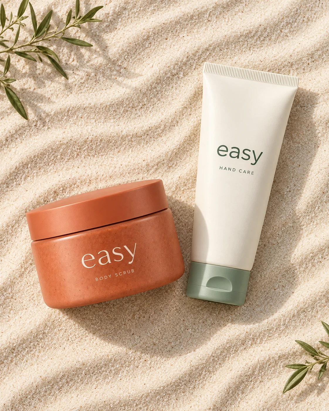 Скраб и крем для рук Easy на светлом песке с зелёной веточкой